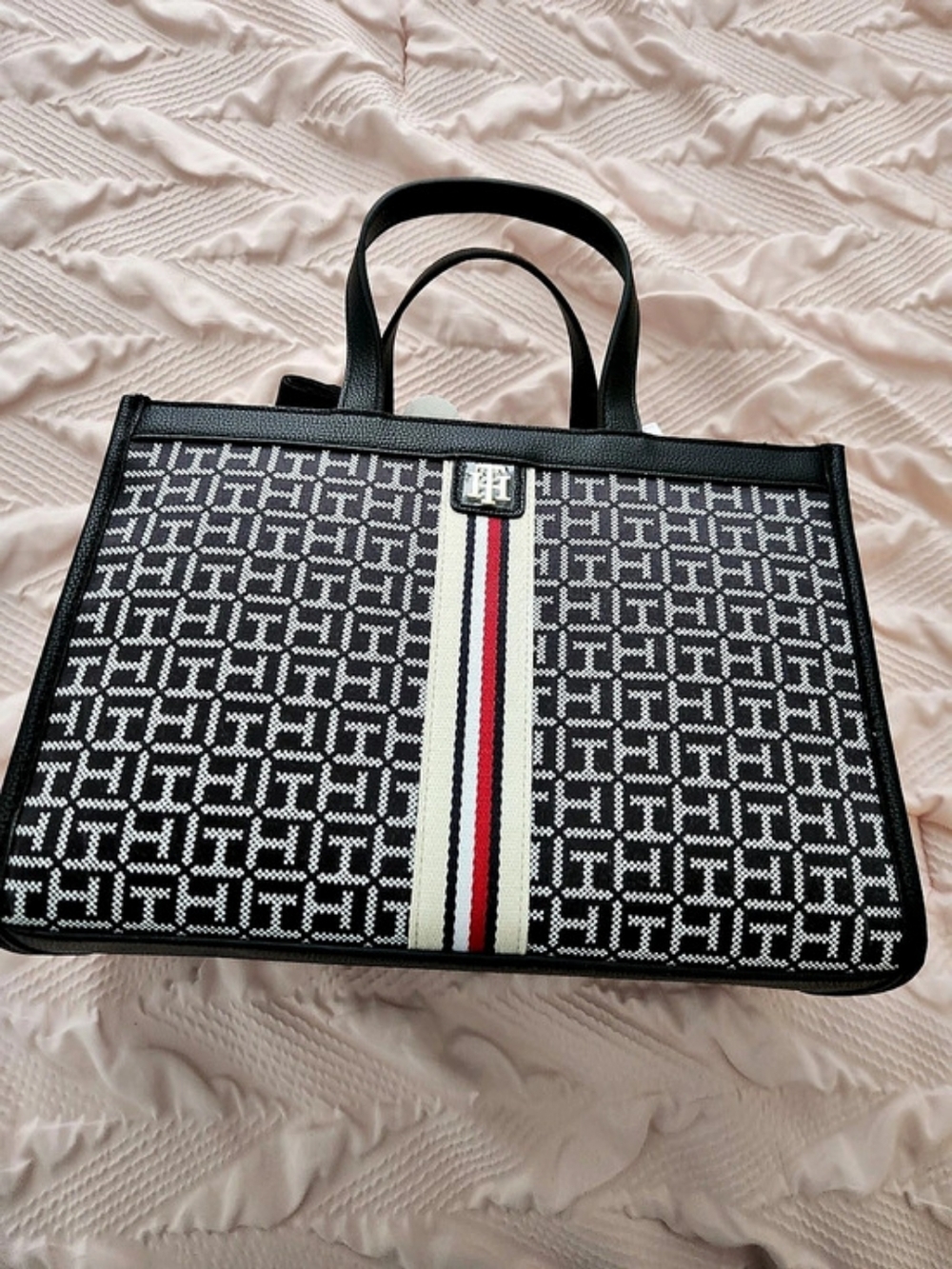 Tommy Hilfiger Monogram Signature Stripe Tote Bag Black & White